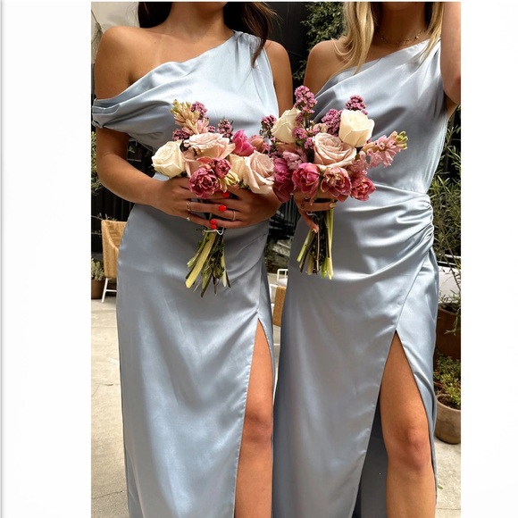 Show Me Your Mumu Jodie One Shoulder Draped Dress in Steel Blue Luxe Satin - Picture 1 of 8